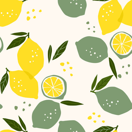 Vector seamless pattern with lemons and limes. Trendy hand drawn textures. Modern abstract designのイラスト素材