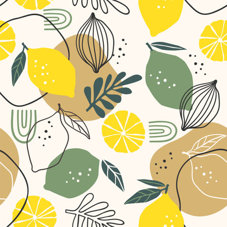 Vector seamless pattern with lemons and limes. Trendy hand drawn textures. Modern abstract designのイラスト素材