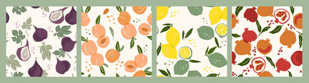 Set of vector seamless patterns with fruits. Trendy hand drawn textures. Modern abstract designのイラスト素材