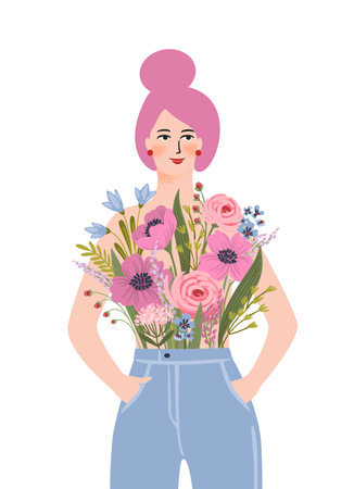 Isolated illustration of a woman with flowers. Concept for International Women s Day and otherのイラスト素材