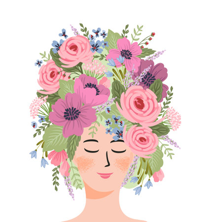 Isolated illustration of a woman with flowers. Concept for International Women s Day and otherのイラスト素材