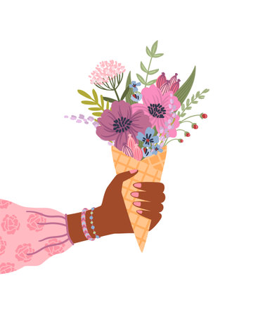 Isolated llustration bouquet of flowers in female hand. Vector design concept for holyday and otherのイラスト素材