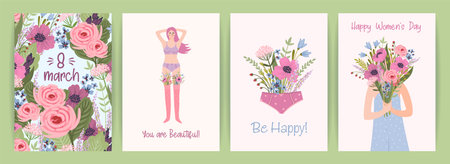 Cards with cute female illustrations. Vector set for Happy Womens Day, 8 march and otherのイラスト素材
