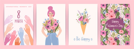 Cards with cute female illustrations. Vector set for Happy Womens Day, 8 march and otherのイラスト素材