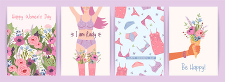 Cards with cute female illustrations. Vector set for Happy Womens Day, 8 march and otherのイラスト素材