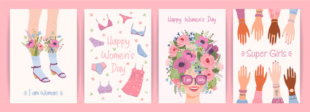 Cards with cute female illustrations. Vector set for Happy Womens Day, 8 march and otherのイラスト素材