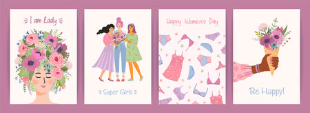 Cards with cute female illustrations. Vector set for Happy Womens Day, 8 march and otherのイラスト素材