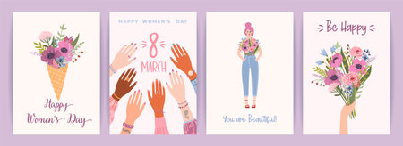 Cards with cute female illustrations. Vector set for Happy Womens Day, 8 march and otherのイラスト素材