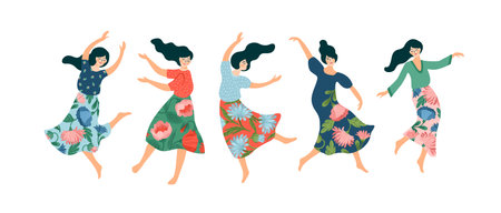 Vector isolated illustration of cute dancing women. Happyl Women s Day concept for card, poster, banner and otherのイラスト素材