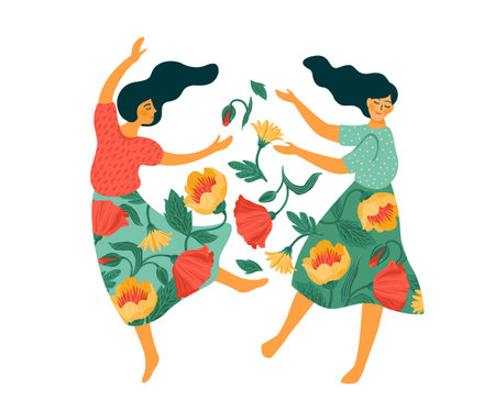 Vector isolated illustration of cute dancing women. Happyl Women s Day concept for card, poster, banner and otherのイラスト素材