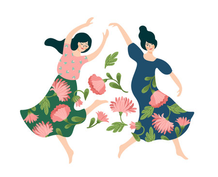 Vector isolated illustration of cute dancing women. Happyl Women s Day concept for card, poster, banner and otherのイラスト素材