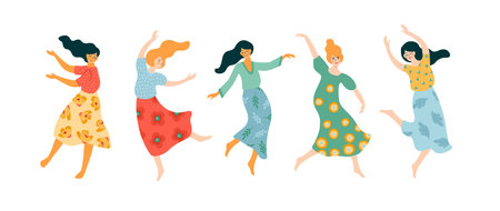 Vector isolated illustration of cute dancing women. Happyl Women s Day concept for card, poster, banner and otherのイラスト素材