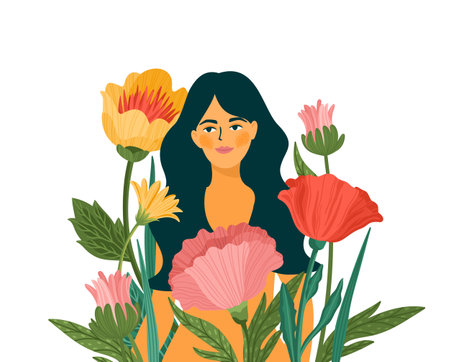 Vector isolated illustration of cute woman with flowers. International Women s Day concept for card, poster, flyer and otherのイラスト素材