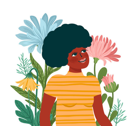 Vector isolated illustration of cute woman with flowers. International Women s Day concept for card, poster, flyer and otherのイラスト素材