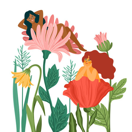 Vector isolated illustration of cute women in flowers. International Women s Day concept for card, poster, flyer and otherのイラスト素材