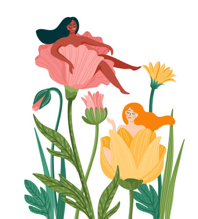 Vector isolated illustration of cute women in flowers. International Women s Day concept for card, poster, flyer and otherのイラスト素材