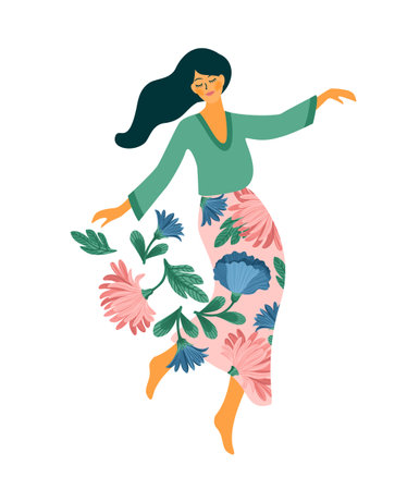 Vector isolated illustration of cute dancing woman. Happy Women s Day concept for card, poster, banner and otherのイラスト素材