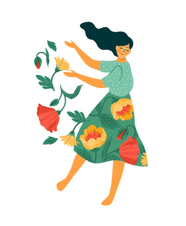 Vector isolated illustration of cute dancing woman. Happy Women s Day concept for card, poster, banner and otherのイラスト素材