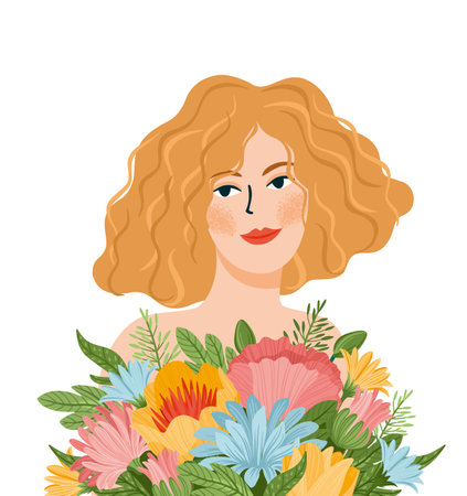 Vector isolated illustration of cute woman with flowers. International Women s Day concept for card, poster, flyer and otherのイラスト素材