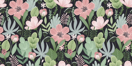 Abstract gentle seamless pattern with leaves, flowers and grass. Modern exotic design for paper, cover, fabric, interior decor and otherのイラスト素材