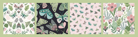 Abstract floral seamless patterns with butterflies and moths. Modern exotic design for paper, cover, fabric, interior decor and otherのイラスト素材