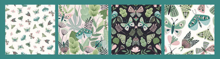 Abstract floral seamless patterns with butterflies and moths. Modern exotic design for paper, cover, fabric, interior decor and otherのイラスト素材