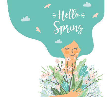 Vector isolated illustration of woman with spring bouquet . Design for poster, card, invitation, placard, brochure, flyer and otherのイラスト素材