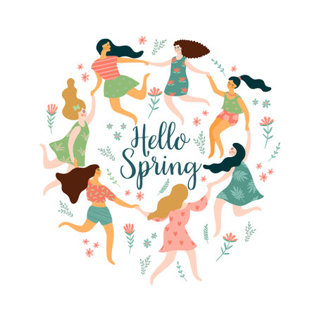 Hello Spring. Isolated illustration with women. Vector design for poster, card, invitation, placard, brochure, flyer and otherのイラスト素材