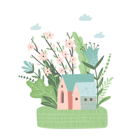 Isolated illustration with spring landckape. Vector design for poster, card, invitation, placard, brochure, flyer and otherのイラスト素材