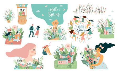 Set of cute illustrations with people and spring nature. Spring, bloom, love, relationship. Vectorのイラスト素材