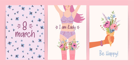Cards with cute female illustrations. Vector set for Happy Womens Day, 8 march and otherのイラスト素材
