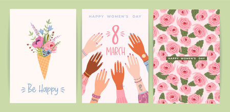 Cards with cute female illustrations. Vector set for Happy Womens Day, 8 march and otherのイラスト素材
