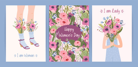 Cards with cute female illustrations. Vector set for Happy Womens Day, 8 march and otherのイラスト素材