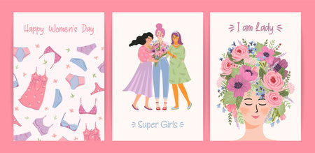 Cards with cute female illustrations. Vector set for Happy Womens Day, 8 march and otherのイラスト素材