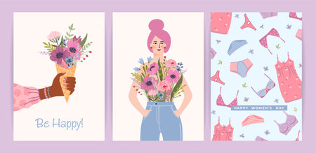 Cards with cute female illustrations. Vector set for Happy Womens Day, 8 march and otherのイラスト素材