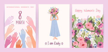 Cards with cute female illustrations. Vector set for Happy Womens Day, 8 march and otherのイラスト素材