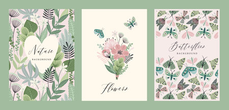 Vector butterflies and floral backgrounds. Templates for card, poster, flyer, cover, home decor and other.のイラスト素材