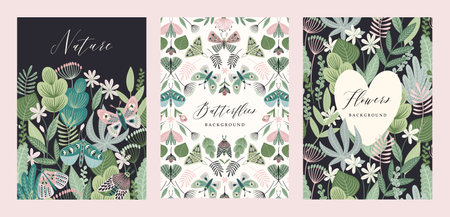 Vector butterflies and floral backgrounds. Templates for card, poster, flyer, cover, home decor and other.のイラスト素材