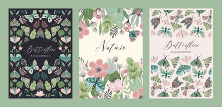 Vector butterflies and floral backgrounds. Templates for card, poster, flyer, cover, home decor and other.のイラスト素材