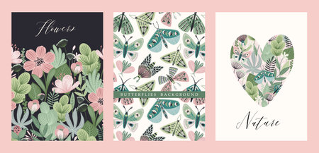 Vector butterflies and floral backgrounds. Templates for card, poster, flyer, cover, home decor and other.のイラスト素材