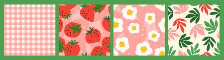 Floral seamless patterns with Strawberry. Vector abstract design for paper, cover, fabric, interior decor and otherのイラスト素材