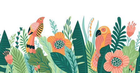 Abstract tropical illustration. Isolated seamless border for fabric, shop window, poster, cover, card, interior decor and otherのイラスト素材