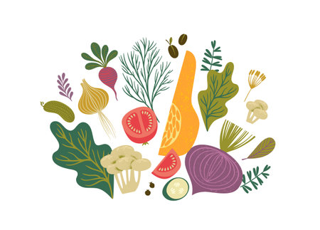 Vector illustration of fruits and vegetables. Healthy food. Isolated designのイラスト素材