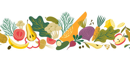 Vector seamless border with fruits and vegetables. Healthy food. Isolated designのイラスト素材