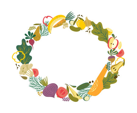 Vector frame with fruits and vegetables. Healthy food illustration. Isolated designのイラスト素材