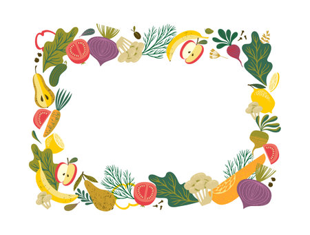 Vector frame with fruits and vegetables. Healthy food illustration. Isolated designのイラスト素材