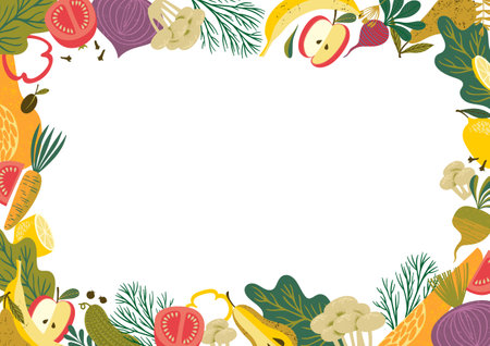 Vector frame with fruits and vegetables. Healthy food illustration. Isolated designのイラスト素材