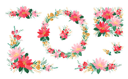 Vector isolated floral designs with cute flowers. Templates for card, poster, flyer, t-shirt, home decor and otherのイラスト素材
