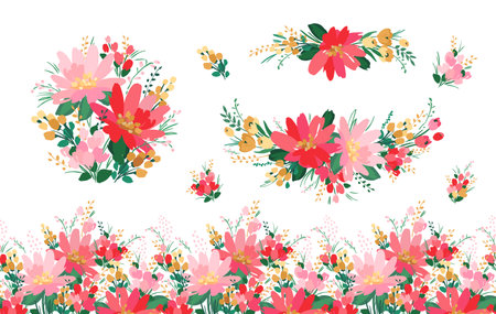 Vector isolated floral designs with cute flowers. Templates for card, poster, flyer, t-shirt, home decor and otherのイラスト素材