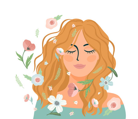 Portrait of cute girl with flowers. Self care, self love, harmony. Isolated illustration.のイラスト素材
